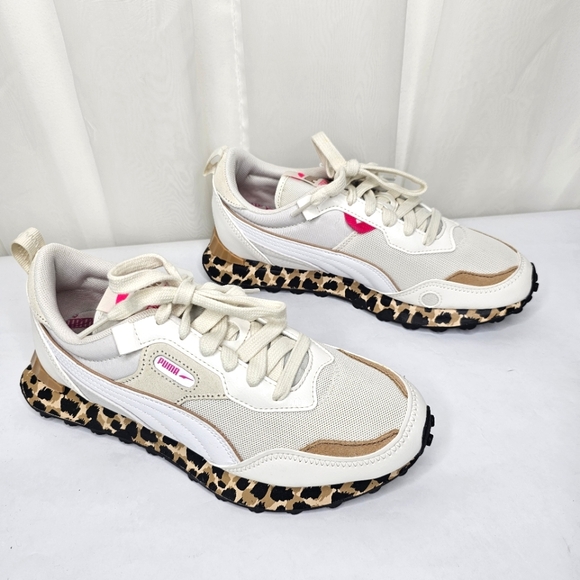 Puma Rider FV Animal Print Leather Trim Sneaker Size 8 White Brown Hot Pink - Picture 1 of 12